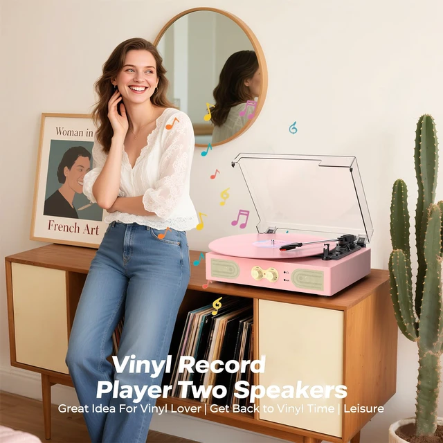 Alt view image 3 of 7 - Vinyl Record Player with Built-in Speakers, Vintage 3-Speed Turntable, Bass/Treble Control, Headphone Jack, RCA/AUX Outputs, Belt-Driven LP Player, Pink