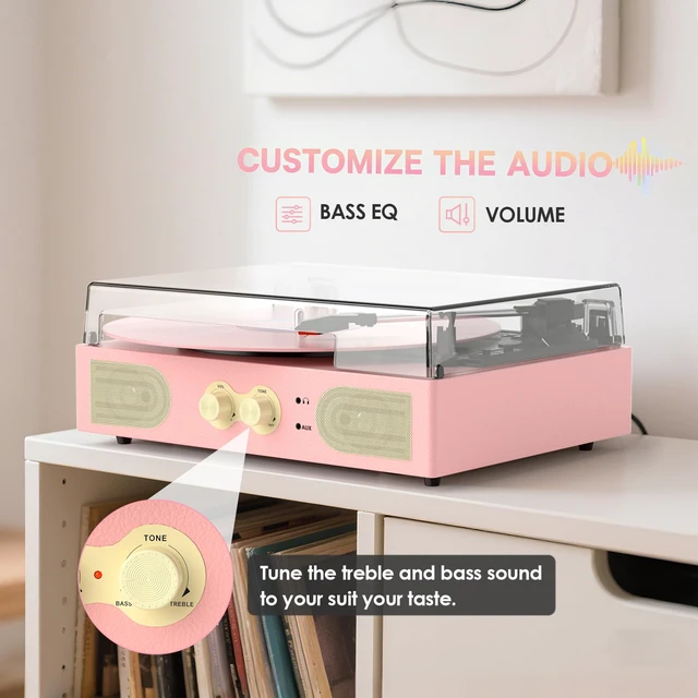 Alt view image 4 of 7 - Vinyl Record Player with Built-in Speakers, Vintage 3-Speed Turntable, Bass/Treble Control, Headphone Jack, RCA/AUX Outputs, Belt-Driven LP Player, Pink