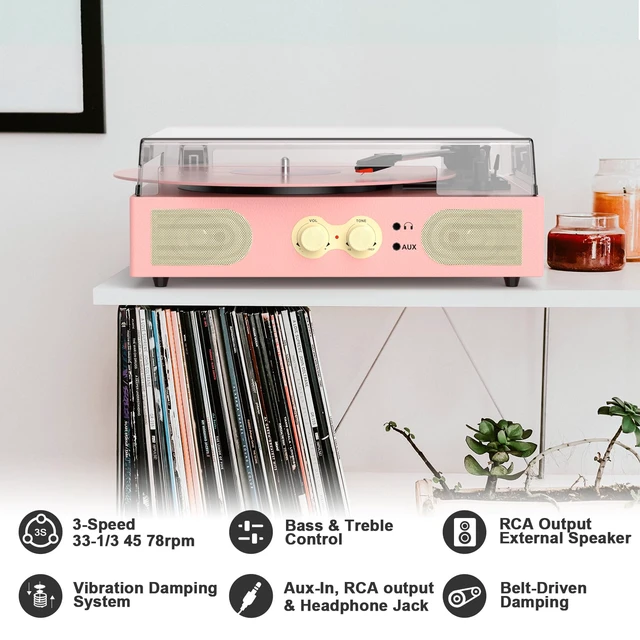 Alt view image 5 of 7 - Vinyl Record Player with Built-in Speakers, Vintage 3-Speed Turntable, Bass/Treble Control, Headphone Jack, RCA/AUX Outputs, Belt-Driven LP Player, Pink