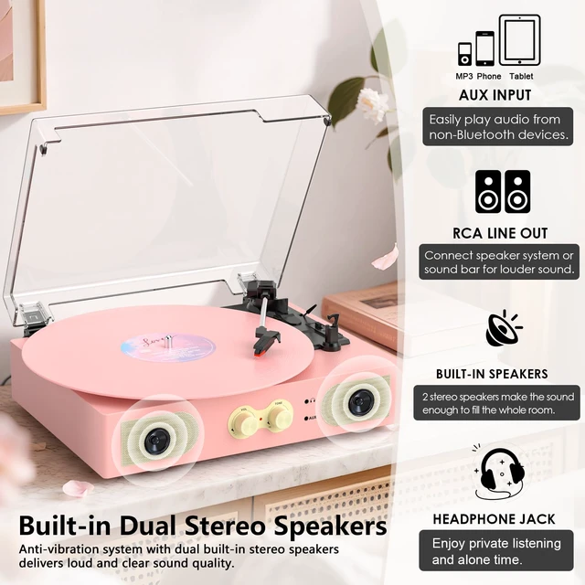 Alt view image 6 of 7 - Vinyl Record Player with Built-in Speakers, Vintage 3-Speed Turntable, Bass/Treble Control, Headphone Jack, RCA/AUX Outputs, Belt-Driven LP Player, Pink