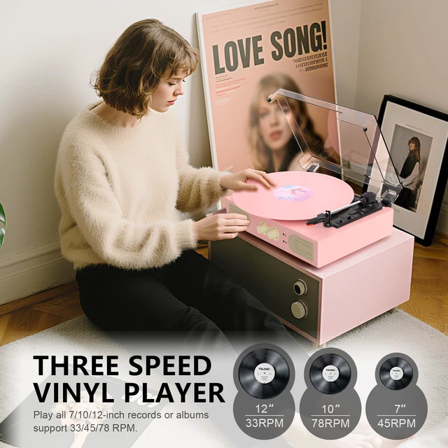 Alt view image 7 of 7 - Vinyl Record Player with Built-in Speakers, Vintage 3-Speed Turntable, Bass/Treble Control, Headphone Jack, RCA/AUX Outputs, Belt-Driven LP Player, Pink