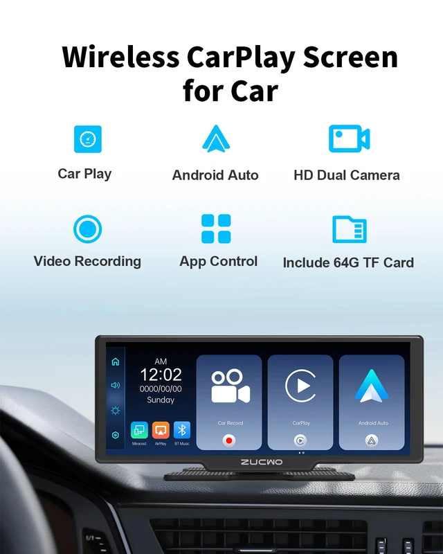 Alt view image 3 of 7 - 10.26 Inch Wireless CarPlay Screen for Car, Apple CarPlay & Android Auto Touch Screen with Rear Camera, BT Music, Navigation, Voice Control for Vehicles