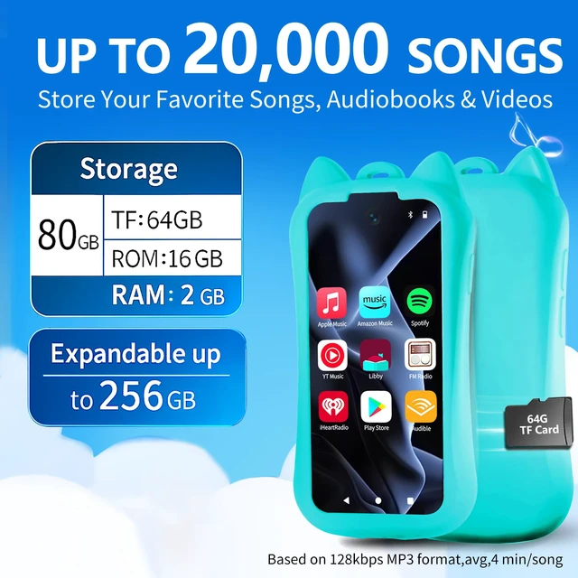 Alt view image 3 of 7 - Kids MP3 Player with Spotify and Parental Controls, MP3 Player for Kids with Bluetooth and WiFi, Mini Android Music Player with Audible & Audiobooks, MP4 Player for Children with Camera-Cyan