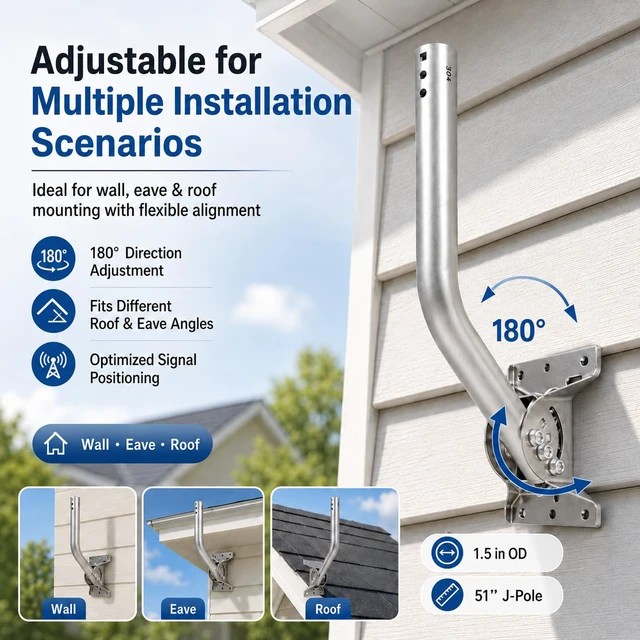 Alt view image 5 of 7 - Antenna Mount J-Pole for Weather Station 1.5x51in 304 Stainless Steel 2mm Bracket with Reversible 180° Pivot Lock for Walls, Eaves or Roofs, Hardware Included, Supports Starlink, Adapter Required