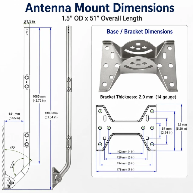 Alt view image 6 of 7 - Antenna Mount J-Pole for Weather Station 1.5x51in 304 Stainless Steel 2mm Bracket with Reversible 180° Pivot Lock for Walls, Eaves or Roofs, Hardware Included, Supports Starlink, Adapter Required