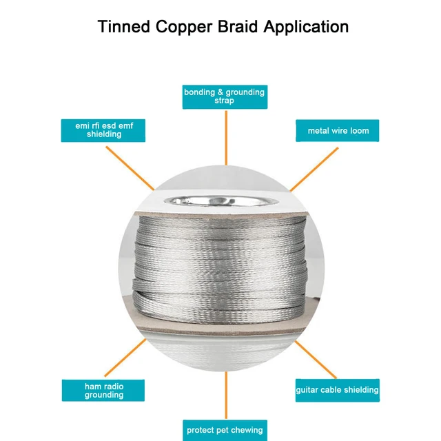 Alt view image 4 of 7 - Tinned Copper Braided Cable Shielding Sleeve Metal Wire Loom Sheathing EMI RFI ESD Protector Grounding Mesh Flat Tubular Expandable 3/4" W(0.48" ID)-24FT