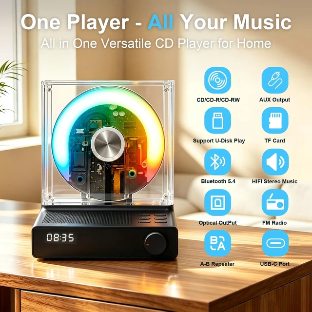Alt view image 2 of 7 - Desktop CD Player for Home, Bluetooth 5.4, FM Radio, Black Transparent disc display with ambient lighting, sleep timer, speakers, USB and AUX for bedrooms, dorms and K-pop collections
