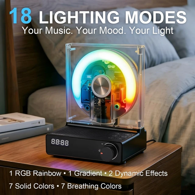 Alt view image 3 of 7 - Desktop CD Player for Home, Bluetooth 5.4, FM Radio, Black Transparent disc display with ambient lighting, sleep timer, speakers, USB and AUX for bedrooms, dorms and K-pop collections