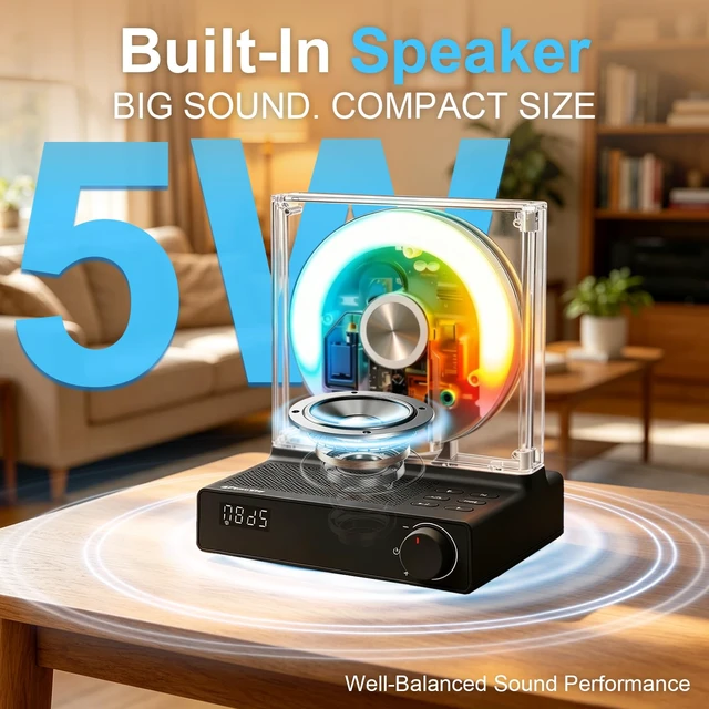 Alt view image 4 of 7 - Desktop CD Player for Home, Bluetooth 5.4, FM Radio, Black Transparent disc display with ambient lighting, sleep timer, speakers, USB and AUX for bedrooms, dorms and K-pop collections