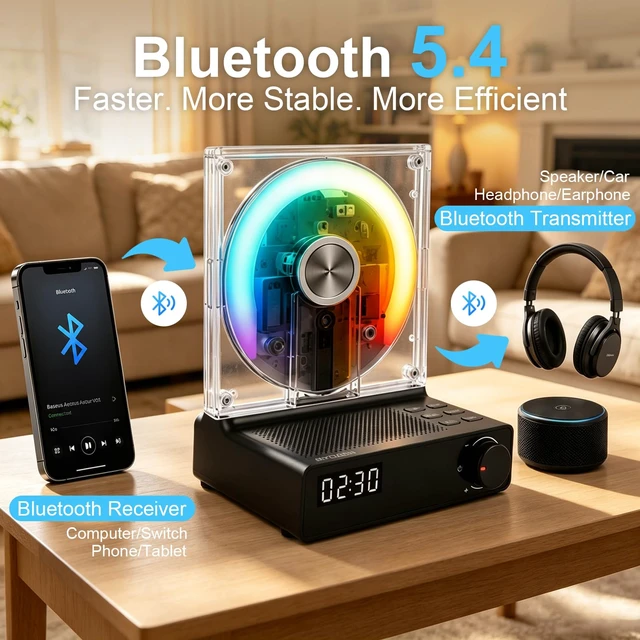 Alt view image 5 of 7 - Desktop CD Player for Home, Bluetooth 5.4, FM Radio, Black Transparent disc display with ambient lighting, sleep timer, speakers, USB and AUX for bedrooms, dorms and K-pop collections