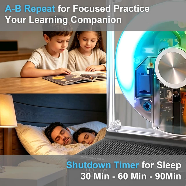Alt view image 7 of 7 - Desktop CD Player for Home, Bluetooth 5.4, FM Radio, Black Transparent disc display with ambient lighting, sleep timer, speakers, USB and AUX for bedrooms, dorms and K-pop collections