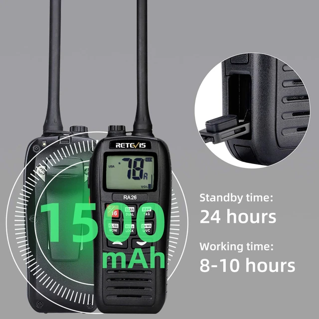 Alt view image 2 of 7 - RA26 5W VHF Marine Radio IP67 Floating, Micro USB for Boats(1 Pack) 1500mAh Battery, NOAA Weather Alert, Global Channels, Backlit LCD, 3-Watch, Vibration drainage, Coastal Fishing, Travel Sport