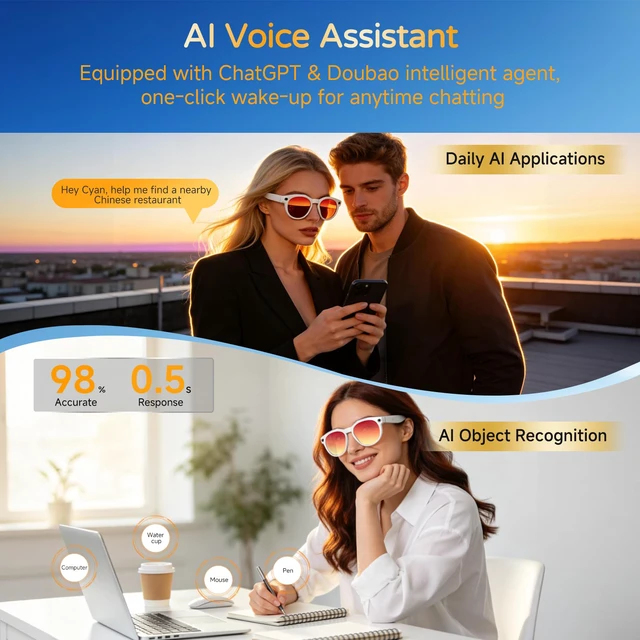 Alt view image 4 of 7 - AI Smart Glasses with Camera, 8MP 4K HD Video & Photo Capture, Real-Time Translation, Recording Glasses with AI Assistant, Open-Ear Audio, Object Recognition, for Vlog, Outdoor & Hiking(Red Coated)