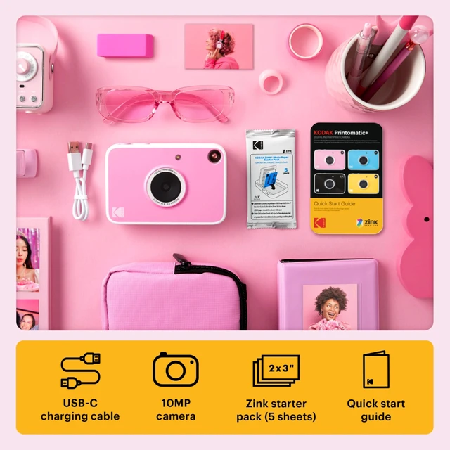 Alt view image 3 of 7 - Printomatic+ Instant Print Digital Camera Starter Bundle + Carrying Case (Pink) + Zink 20pk Sticky-Back Photo Paper - 10MP, Full-Color Photos, GB LED Status Indicator - Pink