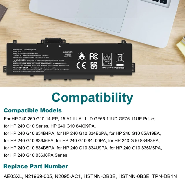 Alt view image 7 of 7 - AE03XL Laptop Battery Replacement for HP 240 245 246 250 255 256 G10 Series 14-EE 14-EP 14-EM 15-FC 15-FD Series AE03041XL N21969-005 N20951-171 HSTNN-OB3E HSTNN-0B3E TPN-DB1N