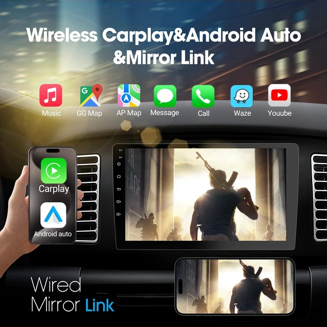 Alt view image 2 of 7 - 9 Double Din Car Stereo with Wireless Apple Carplay & Android Auto, Touchscreen Radio with Backup Camera, BT 5.4, WiFi 5, GPS, Mirror Link, FM/AM Radio, 4+64GB