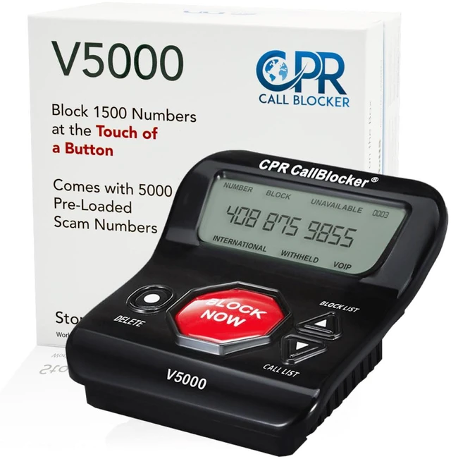 Main image of V5000 Call Blocker for Landline Phones - You Can Manually Block All Calls with the Big Red Button - Pre-Programmed with 5,000 Known Nuisance Numbers - Caller ID is Required