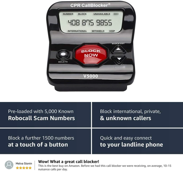Alt view image 5 of 7 - V5000 Call Blocker for Landline Phones - You Can Manually Block All Calls with the Big Red Button - Pre-Programmed with 5,000 Known Nuisance Numbers - Caller ID is Required