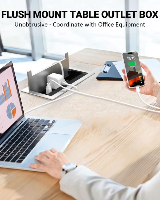 Alt view image 5 of 7 - 10FT Conference Table Power Hub, Outlet Multimedia Connectivity Box with 1 HDMI + 1 RJ45 + 20W USB C + 2 USB A + 2 AC Outlets, Heavy Duty Metal Table Top Box for Countertop Office UL Listed