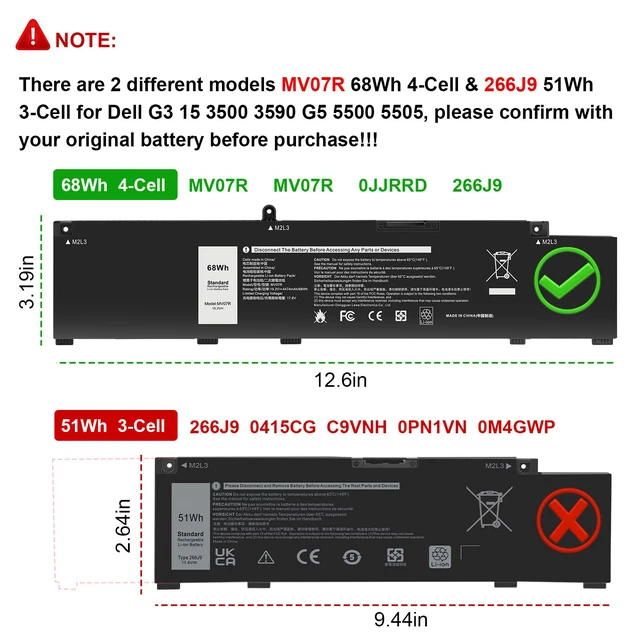 Alt view image 2 of 7 - (15.2V 68Wh) MV07R Laptop Battery Replacement for Dell G3 15 3500 3590 3700 3790 G5 15 5500 5505 SE Series Notebook 0415CG 72WGV 072WGV W5W19 0W5W19 JJRRD 0JJRRD 266J9 M4GWP 0M4GWP PN1VN 0PN1VN C9VNH