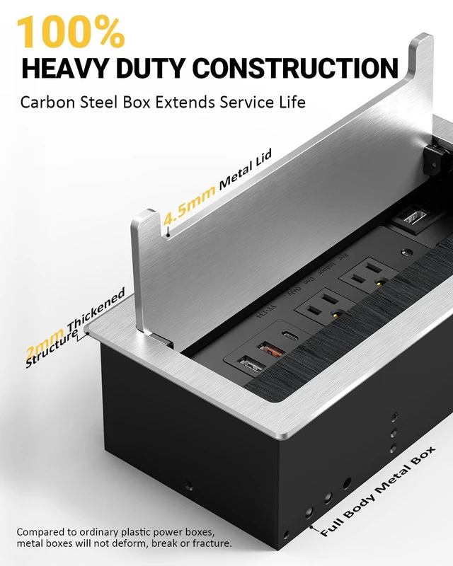 Alt view image 3 of 7 - 10FT Conference Table Power Hub, Outlet Multimedia Connectivity Box with 1 HDMI + 1 RJ45 + 20W USB C + 2 USB A + 2 AC Outlets, Heavy Duty Metal Table Top Box for Countertop Office UL Listed