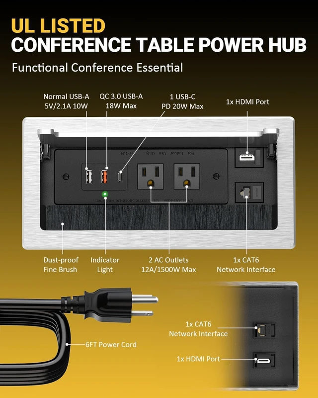 Alt view image 4 of 7 - 10FT Conference Table Power Hub, Outlet Multimedia Connectivity Box with 1 HDMI + 1 RJ45 + 20W USB C + 2 USB A + 2 AC Outlets, Heavy Duty Metal Table Top Box for Countertop Office UL Listed