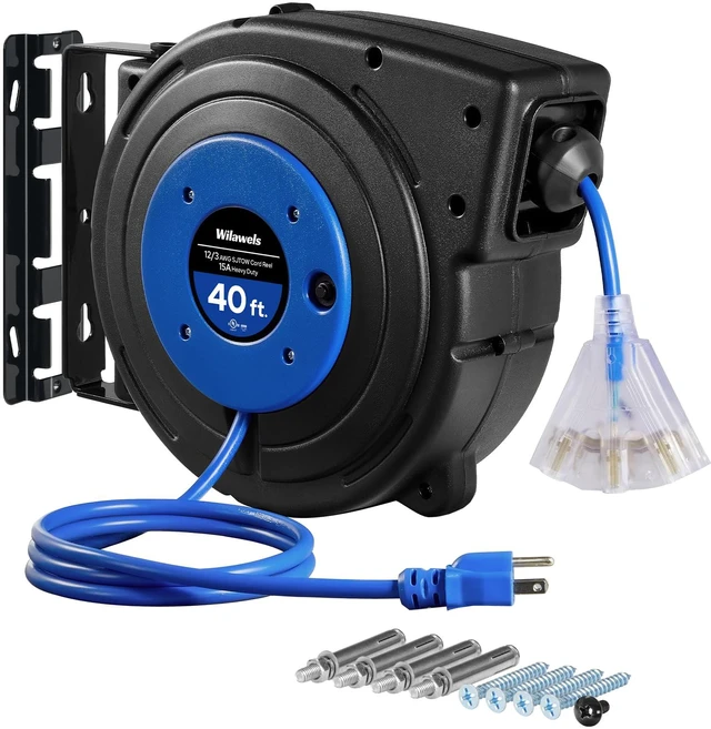 Main image of Retractable Extension Cord Reel, 40 FT Heavy Duty Power Cord, 12AWG/3C SJTOW, 3 Grounded Outlets Lighted Triple Tap, 15 Amp Circuit Breaker, UL Listed, Blue U40CR06