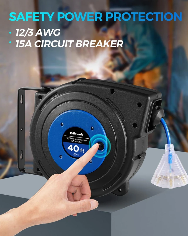 Alt view image 5 of 7 - Retractable Extension Cord Reel, 40 FT Heavy Duty Power Cord, 12AWG/3C SJTOW, 3 Grounded Outlets Lighted Triple Tap, 15 Amp Circuit Breaker, UL Listed, Blue U40CR06