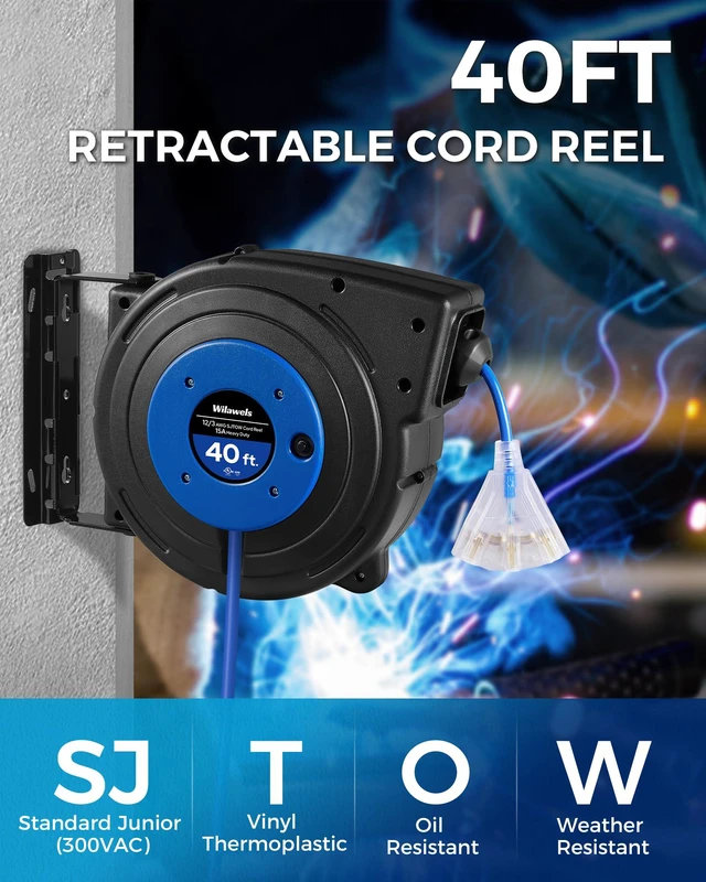 Alt view image 2 of 7 - Retractable Extension Cord Reel, 40 FT Heavy Duty Power Cord, 12AWG/3C SJTOW, 3 Grounded Outlets Lighted Triple Tap, 15 Amp Circuit Breaker, UL Listed, Blue U40CR06