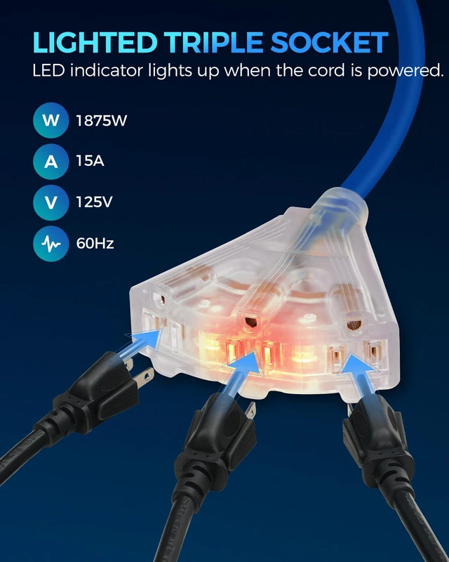 Alt view image 4 of 7 - Retractable Extension Cord Reel, 40 FT Heavy Duty Power Cord, 12AWG/3C SJTOW, 3 Grounded Outlets Lighted Triple Tap, 15 Amp Circuit Breaker, UL Listed, Blue U40CR06