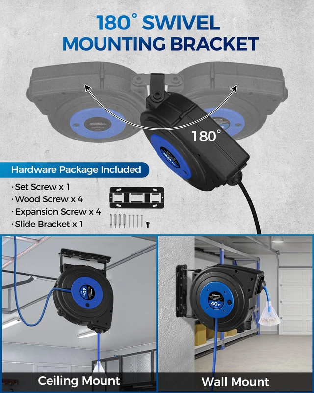 Alt view image 7 of 7 - Retractable Extension Cord Reel, 40 FT Heavy Duty Power Cord, 12AWG/3C SJTOW, 3 Grounded Outlets Lighted Triple Tap, 15 Amp Circuit Breaker, UL Listed, Blue U40CR06