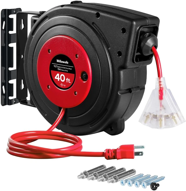 Main image of Retractable Extension Cord Reel, 40 FT Heavy Duty Power Cord, 12AWG/3C SJTOW, 3 Grounded Outlets Lighted Triple Tap, 15 Amp Circuit Breaker, UL Listed, Red R40CR06