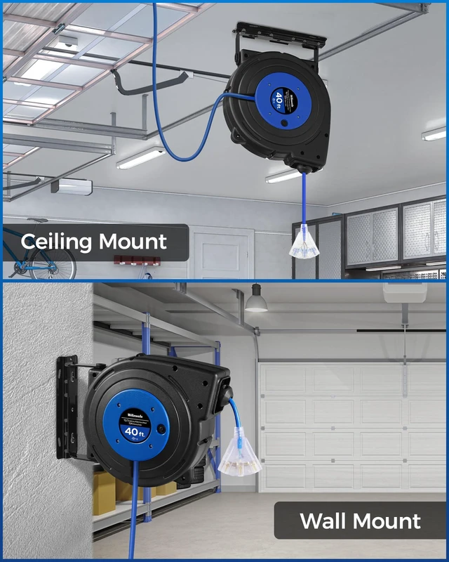 Alt view image 6 of 7 - Retractable Extension Cord Reel, 40 FT Heavy Duty Power Cord, 12AWG/3C SJTOW, 3 Grounded Outlets Lighted Triple Tap, 15 Amp Circuit Breaker, UL Listed, Blue U40CR06