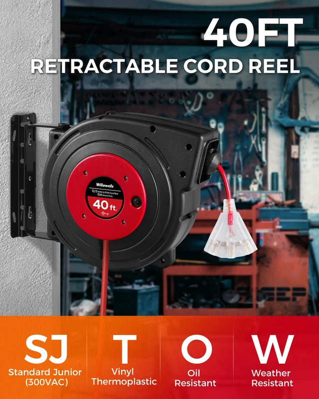 Alt view image 2 of 7 - Retractable Extension Cord Reel, 40 FT Heavy Duty Power Cord, 12AWG/3C SJTOW, 3 Grounded Outlets Lighted Triple Tap, 15 Amp Circuit Breaker, UL Listed, Red R40CR06