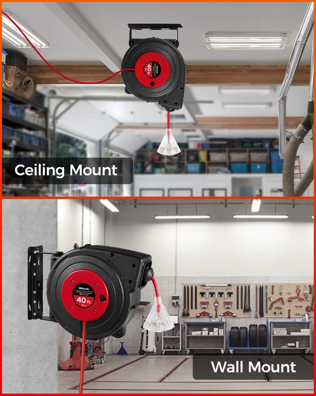 Alt view image 3 of 7 - Retractable Extension Cord Reel, 40 FT Heavy Duty Power Cord, 12AWG/3C SJTOW, 3 Grounded Outlets Lighted Triple Tap, 15 Amp Circuit Breaker, UL Listed, Red R40CR06