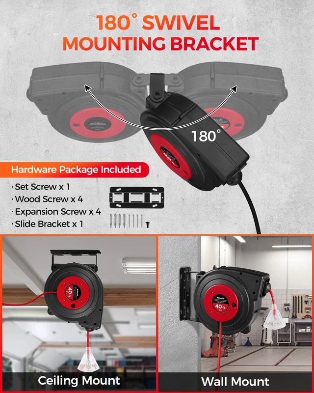 Alt view image 4 of 7 - Retractable Extension Cord Reel, 40 FT Heavy Duty Power Cord, 12AWG/3C SJTOW, 3 Grounded Outlets Lighted Triple Tap, 15 Amp Circuit Breaker, UL Listed, Red R40CR06