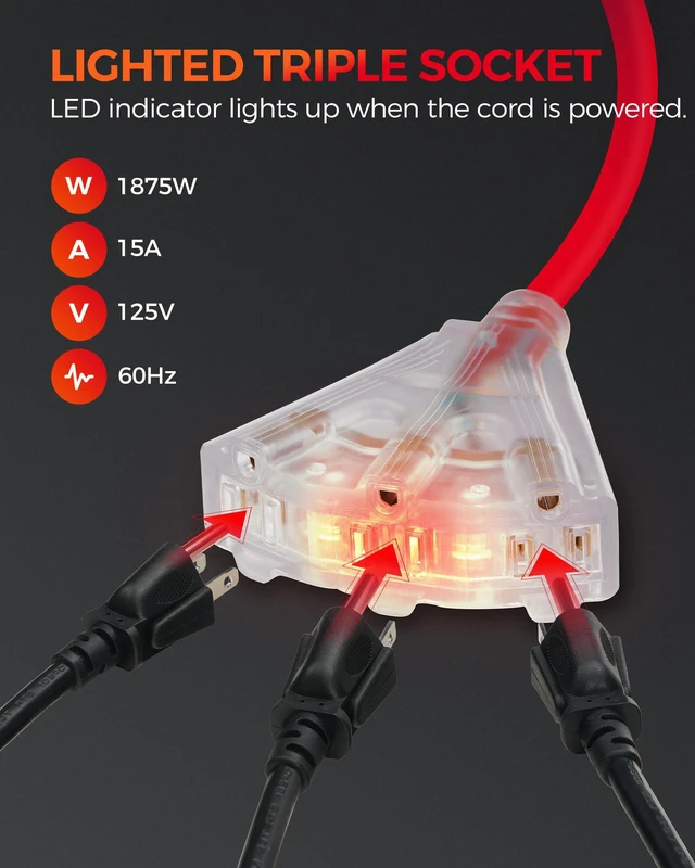 Alt view image 7 of 7 - Retractable Extension Cord Reel, 40 FT Heavy Duty Power Cord, 12AWG/3C SJTOW, 3 Grounded Outlets Lighted Triple Tap, 15 Amp Circuit Breaker, UL Listed, Red R40CR06