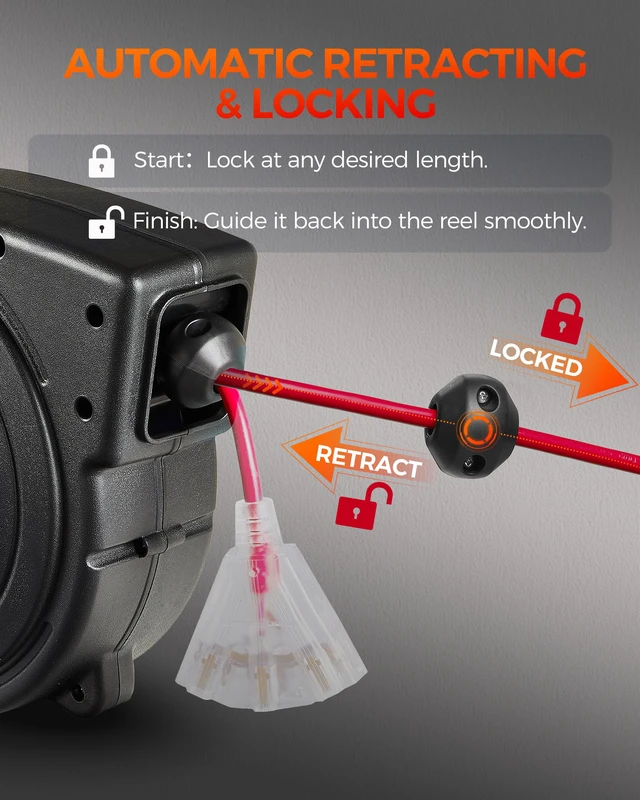 Alt view image 5 of 7 - Retractable Extension Cord Reel, 40 FT Heavy Duty Power Cord, 12AWG/3C SJTOW, 3 Grounded Outlets Lighted Triple Tap, 15 Amp Circuit Breaker, UL Listed, Red R40CR06
