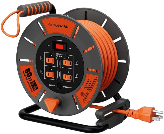 Main image of Retractable Extension Cord Reel 80 FT, 14AWG SJTOW Heavy Duty Power Cord with 4 Grounded Outlets, USB-A & USB-C Ports, 13A Circuit Breaker, Hand Crank for Indoor Outdoor Use, ETL Listed, Orange