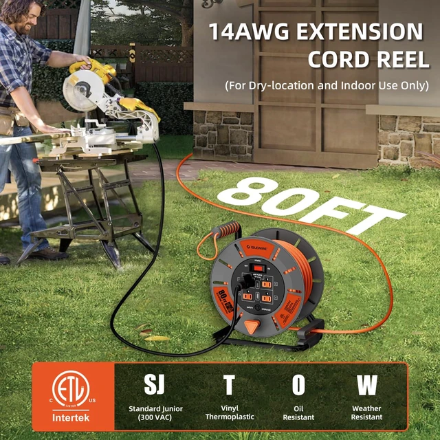 Alt view image 2 of 7 - Retractable Extension Cord Reel 80 FT, 14AWG SJTOW Heavy Duty Power Cord with 4 Grounded Outlets, USB-A & USB-C Ports, 13A Circuit Breaker, Hand Crank for Indoor Outdoor Use, ETL Listed, Orange