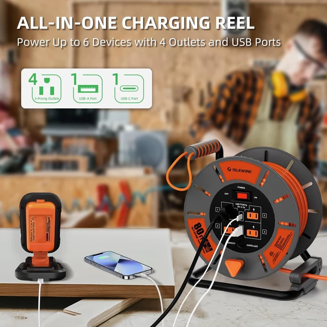 Alt view image 3 of 7 - Retractable Extension Cord Reel 80 FT, 14AWG SJTOW Heavy Duty Power Cord with 4 Grounded Outlets, USB-A & USB-C Ports, 13A Circuit Breaker, Hand Crank for Indoor Outdoor Use, ETL Listed, Orange