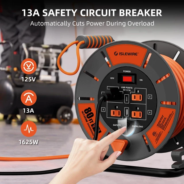 Alt view image 4 of 7 - Retractable Extension Cord Reel 80 FT, 14AWG SJTOW Heavy Duty Power Cord with 4 Grounded Outlets, USB-A & USB-C Ports, 13A Circuit Breaker, Hand Crank for Indoor Outdoor Use, ETL Listed, Orange