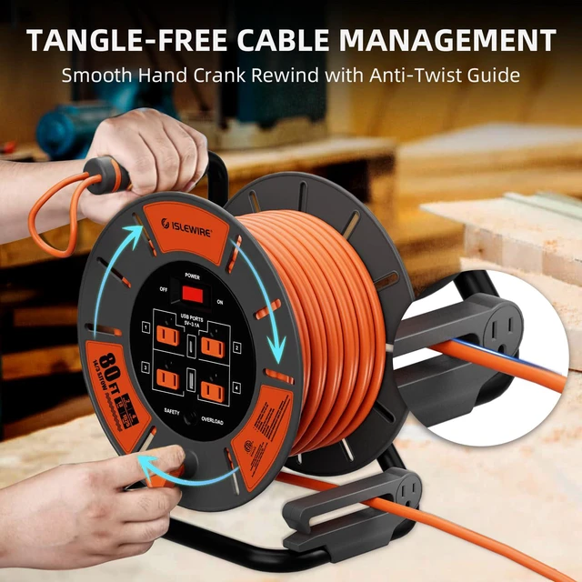 Alt view image 5 of 7 - Retractable Extension Cord Reel 80 FT, 14AWG SJTOW Heavy Duty Power Cord with 4 Grounded Outlets, USB-A & USB-C Ports, 13A Circuit Breaker, Hand Crank for Indoor Outdoor Use, ETL Listed, Orange