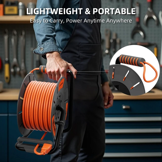 Alt view image 7 of 7 - Retractable Extension Cord Reel 80 FT, 14AWG SJTOW Heavy Duty Power Cord with 4 Grounded Outlets, USB-A & USB-C Ports, 13A Circuit Breaker, Hand Crank for Indoor Outdoor Use, ETL Listed, Orange