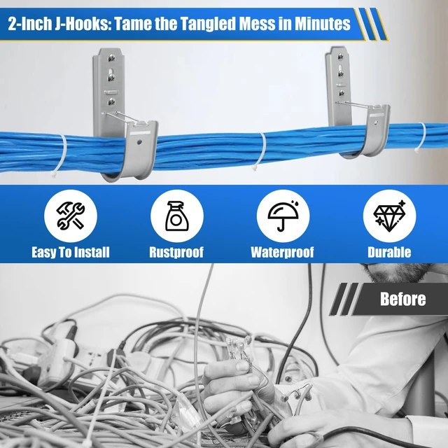 Alt view image 3 of 7 - 100 Pack 2 Inch J Hooks for Cabling, Galvanized Steel Cable Supports Heavy Duty Wall/Ceiling Mount, Retainer Clips for Network Cable Management, CAT5e, CAT6, Coaxial, Fiber Optic and Conduit