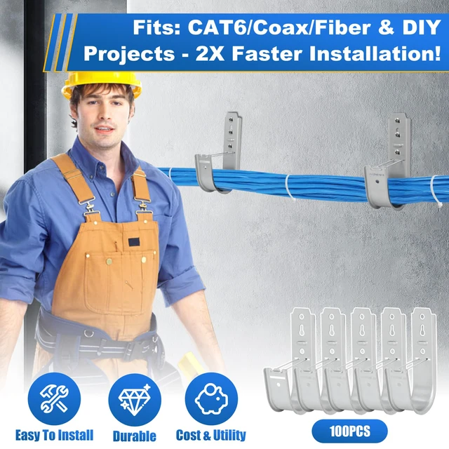 Alt view image 6 of 7 - 100 Pack 2 Inch J Hooks for Cabling, Galvanized Steel Cable Supports Heavy Duty Wall/Ceiling Mount, Retainer Clips for Network Cable Management, CAT5e, CAT6, Coaxial, Fiber Optic and Conduit