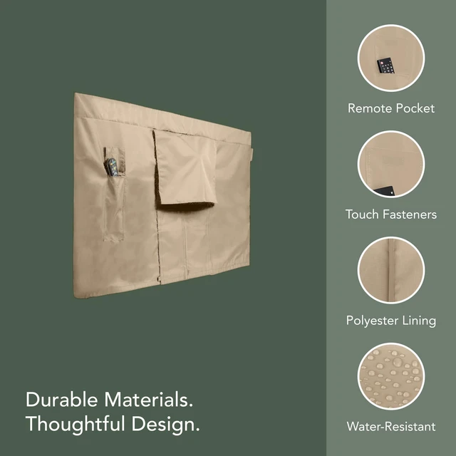 Alt view image 5 of 7 - Classic Full TV Cover, 12-Gauge Vinyl, 65-68 Inches Classic Tan Polyester lining, touch fastener closure, built-in remote pocket, water and UV resistant