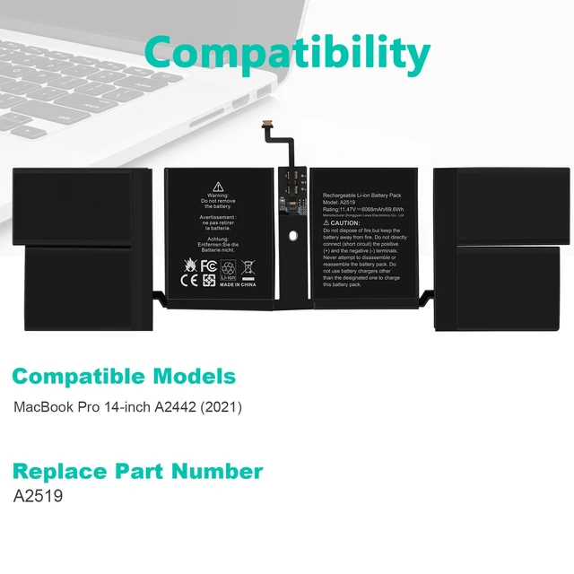 Alt view image 6 of 7 - A2519 Battery Replacement for A2442 MacBook Pro 14 inch2021EMC 3650 8102