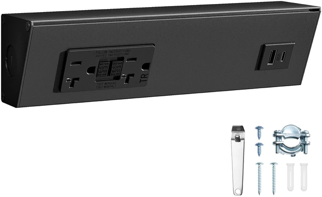 Main image of 9 in Under Cabinet Outlet Strip with GFCI, Aluminum Design 20A TR GFCI Outlet, USB-A & USB-C, Angled Trapezoid Design, Modular Extension System, 125V 20A, Black, ETL Listed