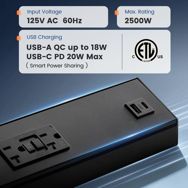 Alt view image 2 of 7 - 9 in Under Cabinet Outlet Strip with GFCI, Aluminum Design 20A TR GFCI Outlet, USB-A & USB-C, Angled Trapezoid Design, Modular Extension System, 125V 20A, Black, ETL Listed